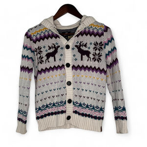 Roots Kids Hooded Sweater L Button Down Reindeer Snowflakes Cream and Purple